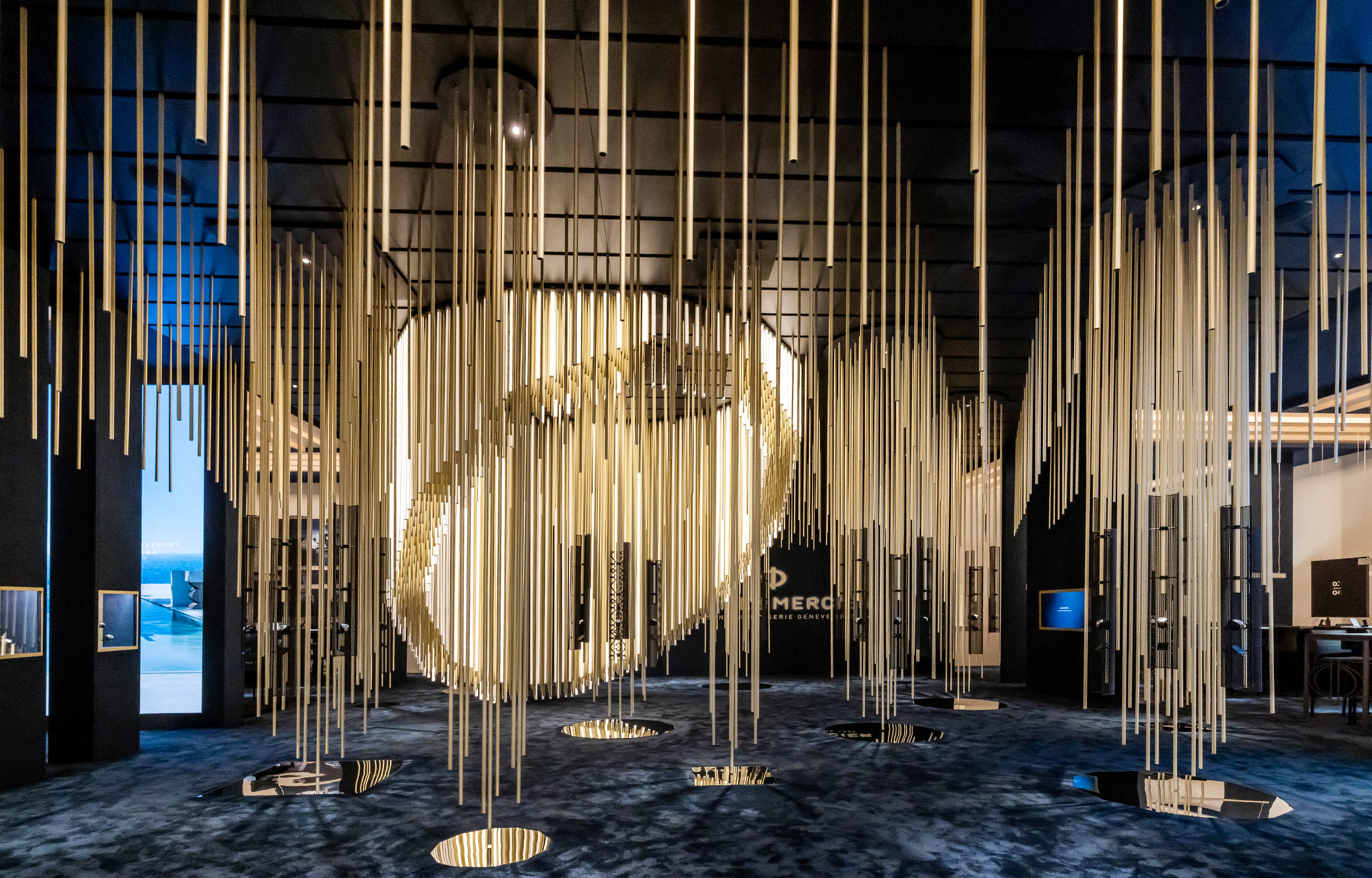Exhibition Architecture. Immersive Spatial Installation. Hanging Rods. Watches & Wonders Geneva. Baume & Mercier - MACH Architektur.